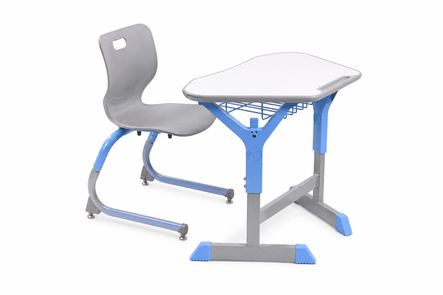 HZ-CA-920 height-adjustable single-column student desk with shaped white top and under-desk wire basket, paired with a grey cantilever chair