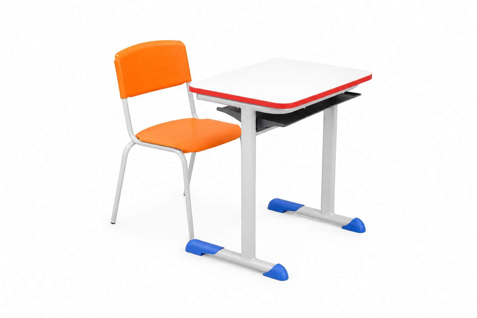 HZ-CB-930 white-top book-box study desk with red edge band and matching orange PP stackable chair on a silver steel frame