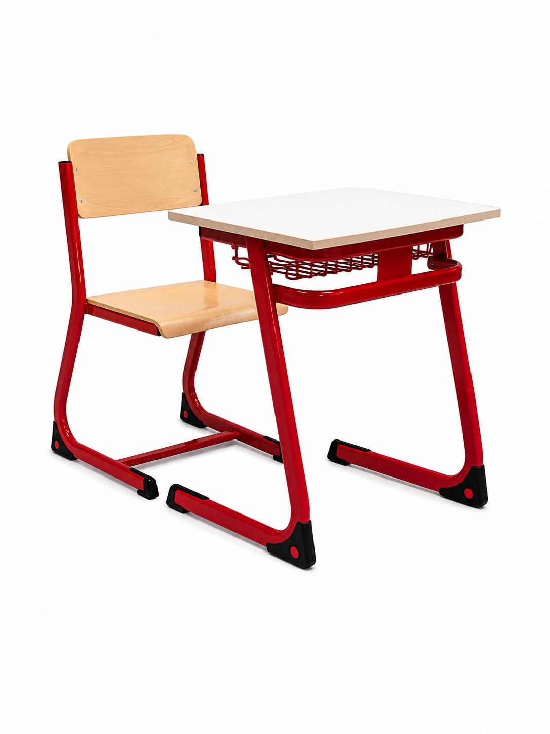 HZ-CD-101 Standard student desk with steel frame and matching chair — red finish, wood-effect top
