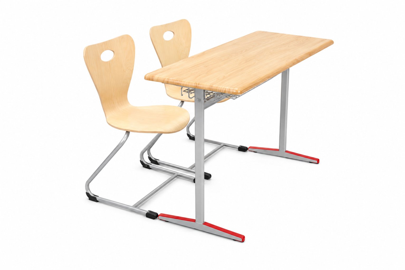 HZ-CD-205 Dual-seat student desk with two matching wood-shell chairs — silver frame