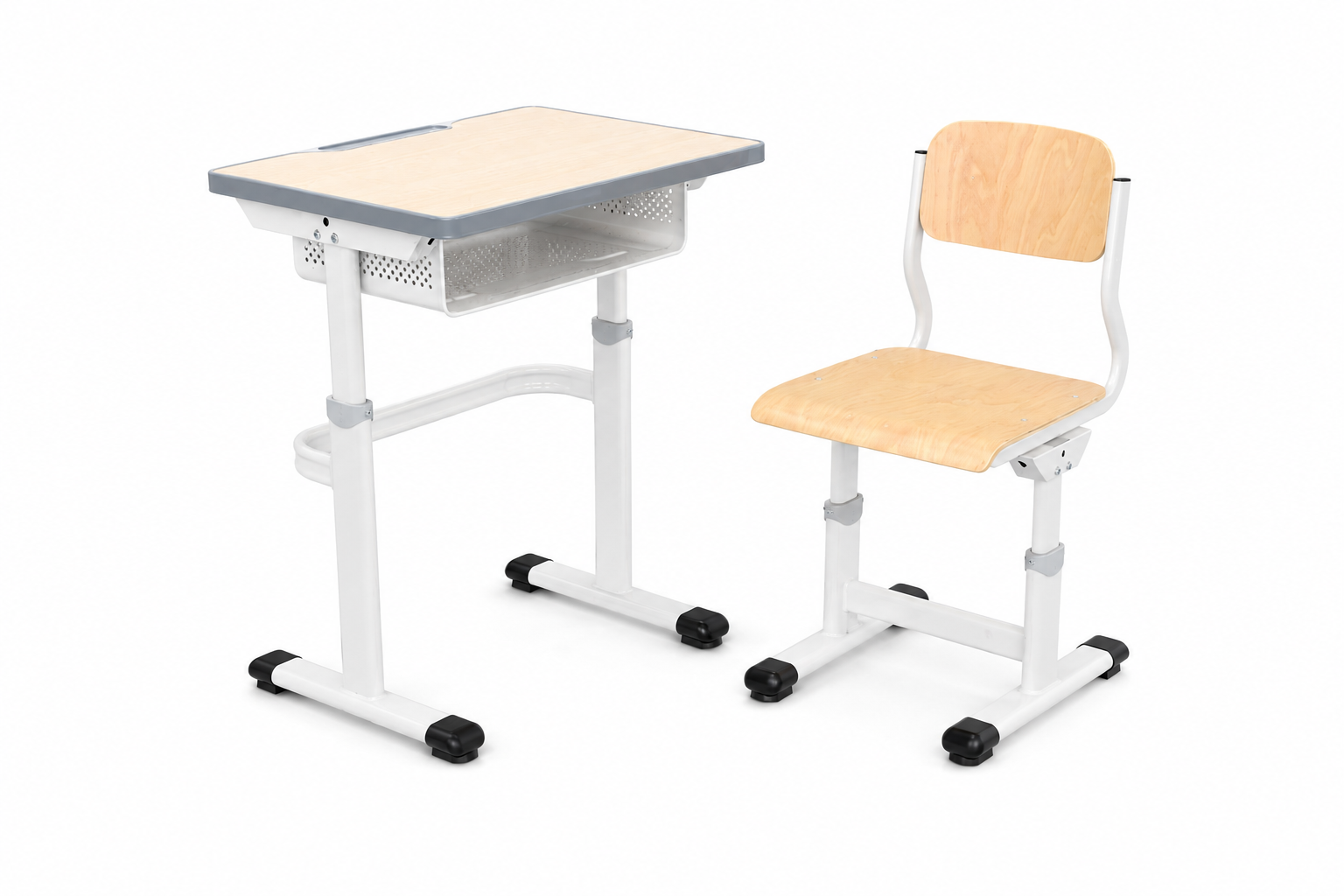 HZ-CE-940 height-adjustable birch plywood student desk with vented under-desk basket and matching adjustable plywood chair on white steel frames