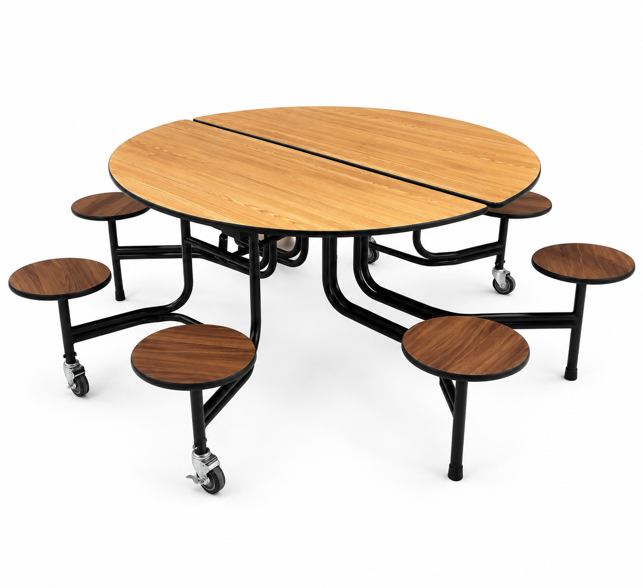 HZ-CF-08R round mobile folding cafeteria table with 8 attached wood-grain stools, black powder-coated steel frame on lockable casters