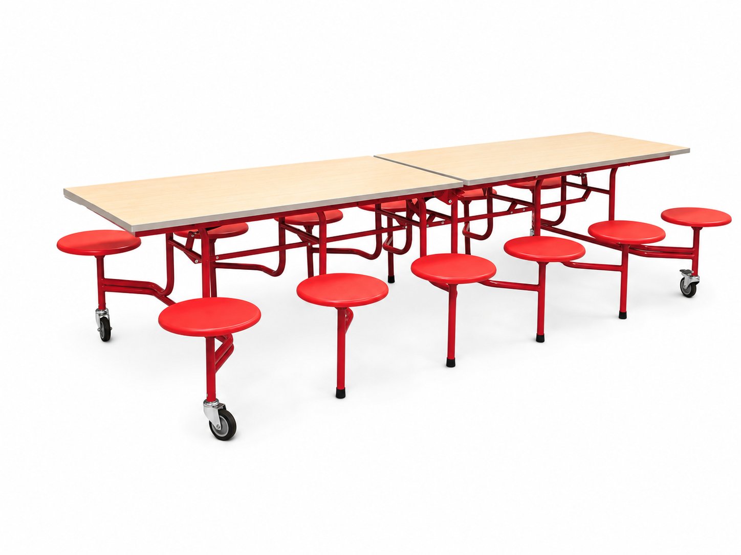 HZ-CF-1212 mobile folding cafeteria table with 12 attached red plastic stools, maple-finish top, red powder-coated steel frame on lockable casters