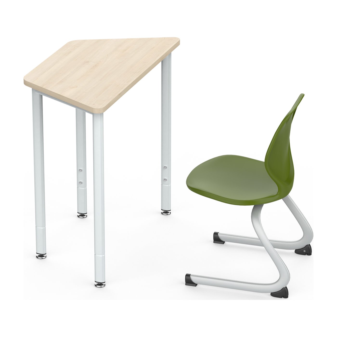 HZ-CF-910 trapezoid collaborative student desk and green PP cantilever chair set — maple-grain top, white adjustable steel frame