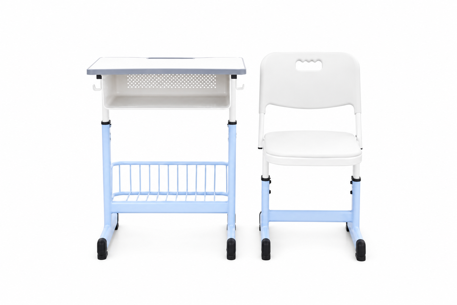 HZ-CM-935 height-adjustable single-column student desk with pull-out storage tray and side wire basket, paired with a white padded chair on a blue adjustable frame