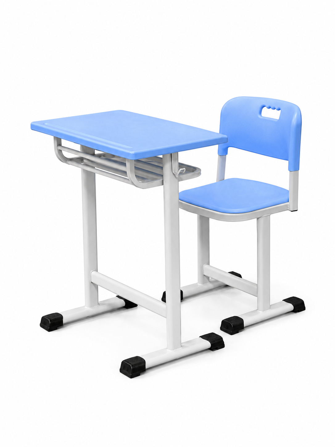 HZ-CP-905 single-seat plastic student desk and matching PP-shell chair — blue moulded top and seat, white powder-coated steel frame