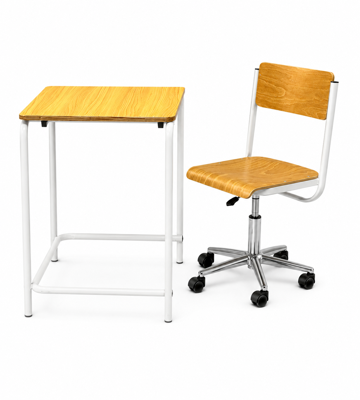 HZ-CR-925 wood-grain plywood student desk with a height-adjustable bent-plywood swivel study chair on a 5-star chrome caster base