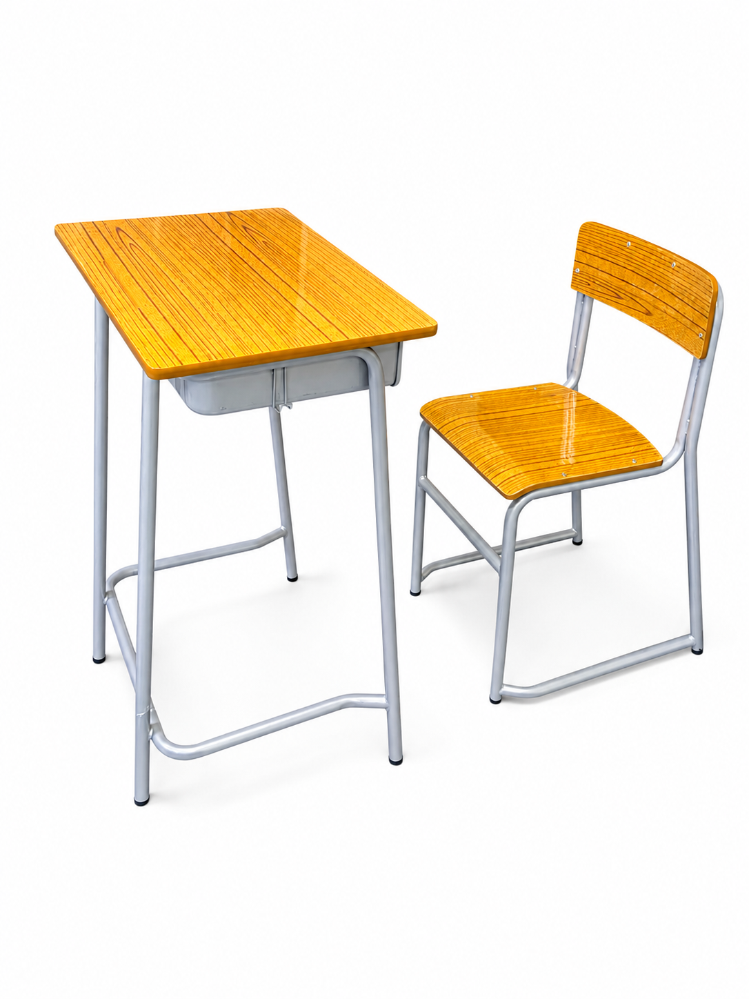 HZ-CW-915 classic wood-grain student desk with enclosed book box and matching stackable chair — silver steel frame