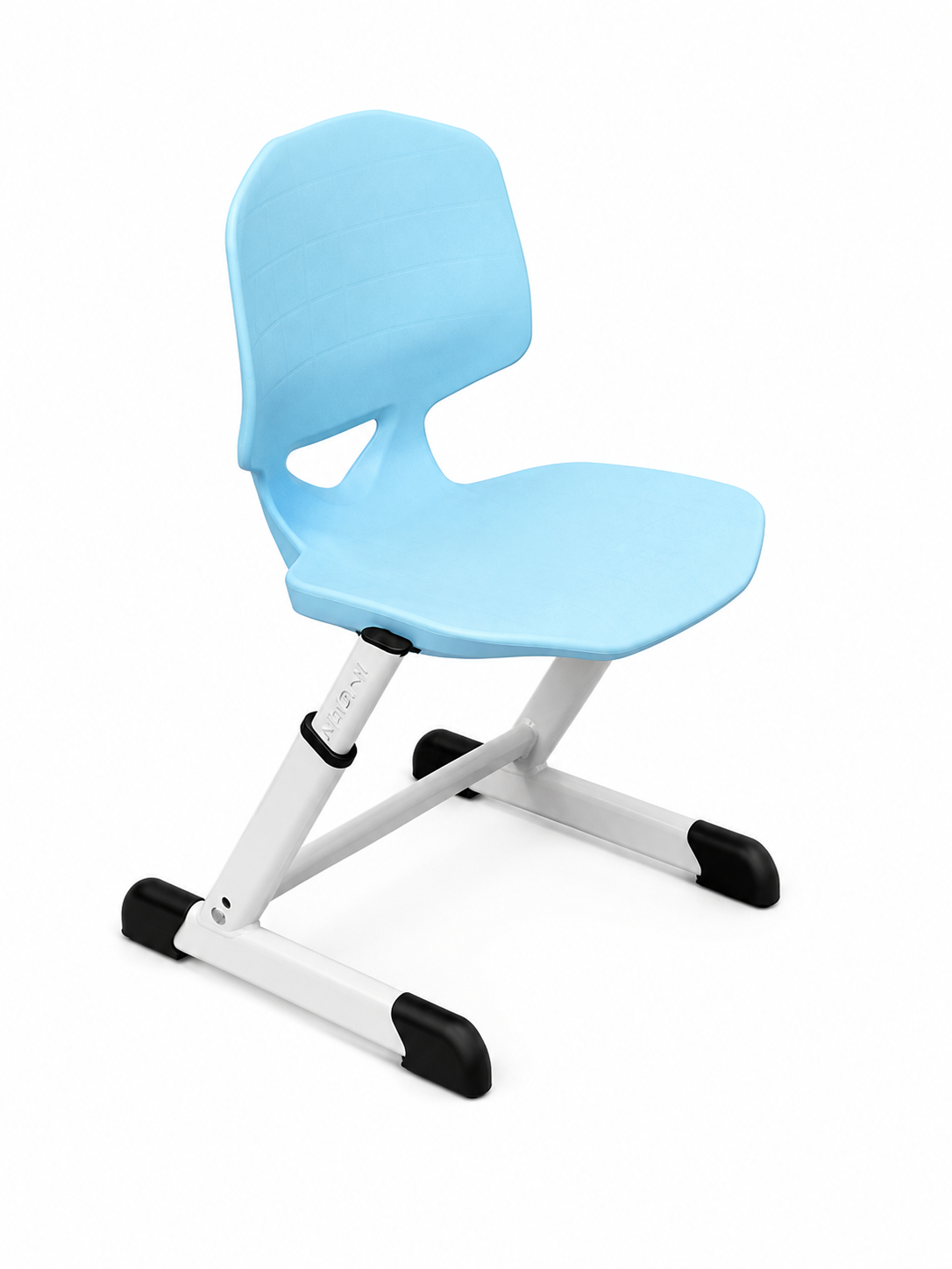 HZ-ST-620 height-adjustable student chair with a light-blue one-piece PP shell, contoured back with grab-handle cutout, on a white powder-coated steel frame with numbered height column