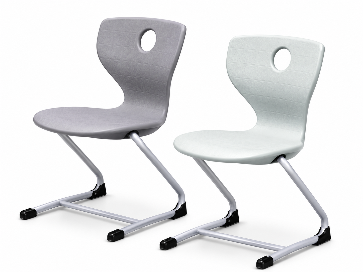 HZ-ST-625 cantilever student chairs with one-piece PP ergonomic shells and oval grab handles on springy C-tube steel frames, shown in grey and white